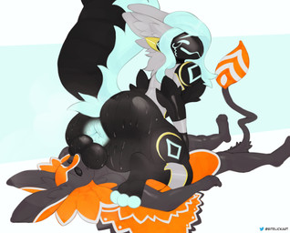 anthro balls balls_in_mouth big_butt bodily_fluids butt duo facesitting feathers genitals gynomorph hair huge_butt hyper hyper_butt intersex machine male musk screen screen_face sitting_on_another sweat bitelickart conditional_dnp avali avian protogen hi_res