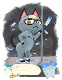 anthro balls bikini blonde_hair blush bodily_fluids chastity_cage chastity_device chibi clothed clothing eyewear flaccid fur genital_fluids genitals glasses grey_body grey_fur hair heterochromia lock male padlock penis pink_chastity_cage pole precum skimpy solo stripper stripper_pole swimwear ticket two-piece_swimsuit tsuruki animal_crossing nintendo fang_(animal_crossing) lionel_(animal_crossing) raymond_(animal_crossing) rodney_(animal_crossing) domestic_cat felid feline felis mammal hi_res
