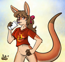 anthro beverage bottomless bow_ribbon casual_exposure clothed clothing drinking female genitals hair hands_on_hips looking_at_viewer ponytail shirt solo standing tail topwear vulva scorpiogustavo kangaroo macropod mammal marsupial 2017 hi_res