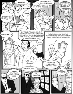 accessory anthro bald black_tie_(suit) bottomless bottomless_anthro bottomless_female clothed clothing conspiracy cotton_ball dialogue eyewear fainted female frustrated group humor irony male medicine necktie security security_camera security_guard suit sunglasses surprised suspenders chris_fischer chip_'n_dale_rescue_rangers disney gadget_hackwrench monterey_jack_(cdrr) human mammal mouse murid murine rodent hi_res