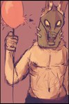 anthro balloon biped bottomwear bullet clothed clothing gas_mask holding_balloon holding_object inflatable male mask navel pants partially_clothed red_balloon shirtless_anthro shirtless_male solo wearing_mask songdog canid canine canis jackal mammal 2012 2:3