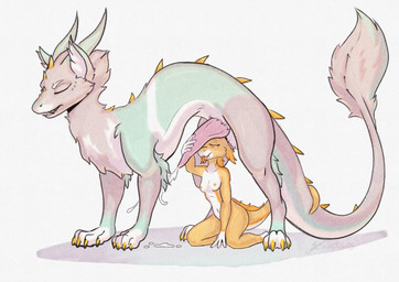 all_fours anthro anthro_on_feral bedroom_eyes bestiality blue_body bodily_fluids breasts claws cum cum_on_ground duo ejaculation eyes_closed female feral fur genital_fluids genitals grey_body half-closed_eyes holding_penis horn kneeling male male/female narrowed_eyes orange_body orange_eyes penis penis_on_face scales seductive small_breasts tail tail_coil tapering_penis teeth tuft white_body arcticos mythology arcticos_(character) dragon furred_dragon furred_kobold furred_scalie kobold mythological_creature mythological_scalie scalie absurd_res hi_res