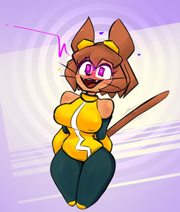 anthro black_clothing breasts brown_body brown_hair clothed clothing erect_tail eyewear eyewear_on_head female goggles goggles_on_head hair heart_symbol mind_control nipple_outline open_mouth open_smile simple_background smile solo tail teeth tongue whiskers yellow_clothing davidthewolfx10 gameoverse glitch_productions kit_bodega domestic_cat felid feline felis mammal 2026 digital_media_(artwork) hi_res