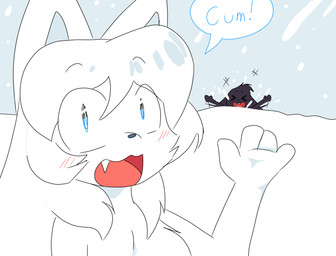 anthro black_body black_fur blue_eyes blush buckteeth duo female female_anthro flailing fluffy fluffy_chest fur hair looking_at_viewer male male_anthro presenting raised_hand simple_background snow snowing teeth text white_body white_fur yelling conditional_dnp gender_stupid averi_(fiddleafox) blueberry_(fiddleafox) canid canine fox lagomorph leporid mammal rabbit red_fox true_fox english_text