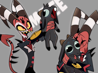 bleating buckteeth clothing duo eyes_closed feral fur grey_background grey_body grey_fur heart_(marking) hooves horizontal_pupils horn hug lifting male markings midair mouth_closed onomatopoeia open_mouth open_smile pupils red_eyes sharp_teeth simple_background smile sound_effects spade_tail spots spotted_markings striped_horn striped_markings striped_tail stripes tail tail_markings teeth text tongue yellow_sclera yellow_teeth stolitzkiss hellaverse helluva_boss blitzo_(helluva_boss) lil_buddy_(helluva_boss) bovid caprine demon demon_humanoid goat horned_humanoid humanoid imp mammal hi_res