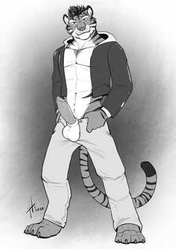 anthro athletic athletic_anthro athletic_male balls barefoot bottomwear claws clothed clothing erection facial_markings feet front_view genitals glistening glistening_eyes hair head_markings humanoid_genitalia humanoid_penis jacket looking_at_viewer male male_anthro markings mouth_closed navel open_bottomwear open_clothing open_jacket open_pants open_topwear pants penile_spines penis presenting presenting_penis short_hair simple_background solo standing striped_face striped_markings striped_neck striped_tail stripes tail tail_markings toe_claws topwear hufnaar felid mammal pantherine tiger 2020 absurd_res dated full-length_portrait hi_res monochrome portrait