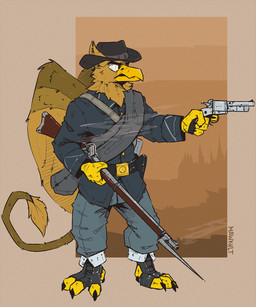 5_fingers abs anthro beak biceps biped brown_body brown_fur claws clothed clothing cowboy_hat feathered_wings feathers feet finger_claws fingers footwear fur gun hat headgear headwear holding_object holding_weapon legwear male muscular muscular_anthro muscular_male paws pecs ranged_weapon solo tail topwear weapon western wild_west wings mawkvlt mythology carpo avian gryphon mythological_avian mythological_creature hi_res