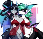 2_horns 4_ears anthro bat_wings big_breasts big_ears black_body black_hair blue_eyes blue_wings breasts cleavage clothed clothing colored_nails countershading curled_tail cute_fangs duo fangs female grey_body hair hand_on_breast hand_on_hip horn inner_ear_fluff lingerie long_ears looking_at_viewer membrane_(anatomy) membranous_wings multi_ear nails negligee nightgown open_mouth panties petals purple_eyes purple_nails red_clothing red_panties red_underwear seductive short_hair simple_background small_waist smile snout spread_wings standing tail teeth thick_thighs thigh_up tuft underwear white_body white_countershading wings nanniras mythology cera_(vulpisshadowpaws) valerie_(vulpisshadowpaws) dragon fish marine mythological_creature mythological_scalie scalie shark 2021 digital_media_(artwork) shaded signature