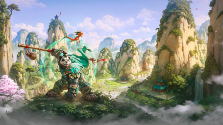 action_pose ambiguous_gender anthro armor black_body black_fur black_hair building cape cherry_blossom claws clothing cloud day detailed_background duo feral flower fur grass green_cape green_clothing hair holding_object holding_staff house male monk mountain outside pauldron plant pose prunus_(flower) red_body river shrine smile staff tail tree water white_body white_fur tamplierpainter blizzard_entertainment mythology warcraft chen_stormstout bear dragon mammal mythological_creature mythological_scalie pandaren scalie 16:9 2025 4k absurd_res digital_media_(artwork) hi_res official_art widescreen