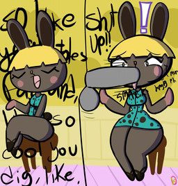 anthro bottomless cheek_bulge clothed clothing disembodied_penis duo faceless_character faceless_male female genitals irrumatio male male/female offscreen_male oral penile penis penis_in_mouth questionable_consent sex shortstack small_waist surprise_sex surprised thick_thighs wide_hips klutzatdusk animal_crossing instant_loss_2koma nintendo anon bonbon_(animal_crossing) human lagomorph leporid mammal rabbit