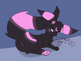 black_body black_fur blue_eyes bodily_fluids bubble butt drunk drunk_bubble female feral fur genital_fluids genitals highlights_(coloring) lying on_side pawpads paws presenting presenting_vulva quadruped solo substance_intoxication vaginal_fluids vulva portiebuns nintendo pokemon portie eeveelution generation_2_pokemon pokemon_(species) umbreon 4:3 hi_res