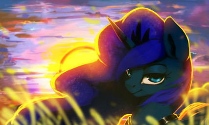close-up cloud cosmic_hair crown ethereal_hair eyelashes female feral grass half-closed_eyes headgear horn light looking_at_viewer narrowed_eyes outside plant pseudo_hair sky smile solo sun sunlight teal_eyes moondreamer16 friendship_is_magic hasbro my_little_pony princess_luna_(mlp) equid equine horse mammal pony 2018 headshot_portrait hi_res portrait