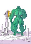 2021 anthro big_breasts big_muscles blue_eyes breasts building conditional_dnp energy_beam featureless_breasts female green_body green_scales horn huge_muscles hyper hyper_muscles jollyjack kaiju lizard macro muscular muscular_arms muscular_female muscular_legs nude reptile scales scalie solo tail tower wounded