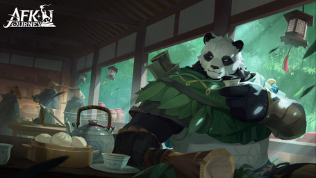 anthro black_body black_fur container cup english_commentary fur group holding_container holding_cup holding_melee_weapon holding_object holding_polearm holding_sword holding_weapon looking_aside male melee_weapon mouth_closed multicolored_body multicolored_fur polearm sitting steamed_bun sword teapot text weapon white_body white_fur unknown_artist afk_arena afk_journey lilith_games pang_(afk_journey) bear giant_panda mammal copyright_name hi_res official_art