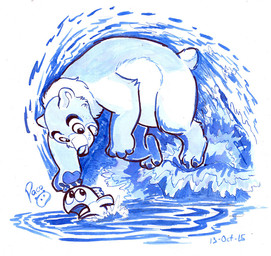 ambiguous_feral ambiguous_gender duo feral glistening glistening_eyes jumping logo open_mouth open_smile pawpads scared side_view smile splash tail water pandapaco aquatic bear fish mammal 2015 artist_logo dated monochrome signature