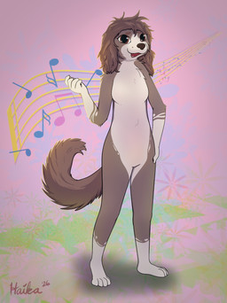 anthro brown_eyes countershading female musical_note musical_symbol open_mouth open_smile smile solo standing symbol haika bird_dog canid canine canis cocker_spaniel domestic_dog hunting_dog mammal spaniel 2026 absurd_res hi_res