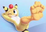 3_toes ampharos amphy anthro barefoot blue_eyes clothed clothing curling_toes feet feet_together foot_focus generation_2_pokemon generation_5_pokemon gobanire hindpaw looking_at_viewer male nintendo paws plantigrade pokemon pokemon_(species) scraggy soles solo toes