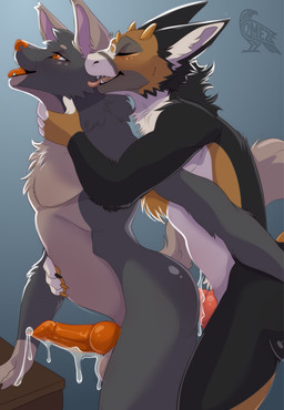 anal animal_genitalia anthro balls bodily_fluids cum cum_inflation cum_inside dripping erection eyes_closed fur genital_fluids genitals inflation knot male nude open_mouth orgasm penetration penis sex standing teeth tongue omez
