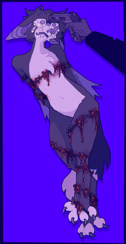 4_toes ambiguous_gender anthro barbed_wire bdsm blood bodily_fluids bondage bound claws crying ears_down feet fur gore gore_focus gun gun_to_head handgun hands_behind_back holding_gun holding_object holding_ranged_weapon holding_weapon imminent_death leaf_nose membrane_(anatomy) membranous_wings nude pain pivoted_ears ranged_weapon simple_background snuff solo tail tears tears_of_pain toe_claws toes tuft weapon wings guncht iris_(cpnk) bat mammal megabat 2025 colored digital_drawing_(artwork) digital_media_(artwork) portrait shaded nonbinary_(lore) trans_(lore) trans_woman_(lore)
