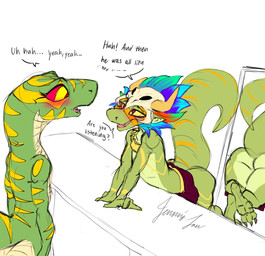 anthro blush butt dialogue duo female male male/female mirror mirror_reflection nude nude_anthro nude_female reflection jenghck terraria greeva_(jenghck) shimmered_witch_doctor witch_doctor_(terraria) boa_(snake) boinae emerald_tree_boa lihzahrd reptile scalie snake hi_res