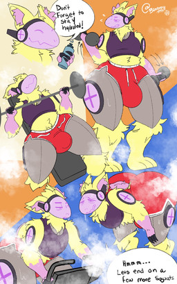 anthro balls big_butt bimboy3005 bodily_fluids bottomwear bulge butt clothing crouching dialogue excercise exercise genitals hotpants huge_butt huge_thighs machine male musk musk_cloud pants shorts solo sweat thick_thighs tight_bottomwear tight_clothing tight_pants weightlifting workout sockstepprotogen protogen hi_res