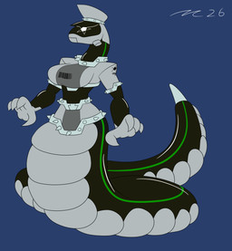 anthro apode clothing drone female gas_mask grey_clothing latex latex_clothing latex_skinsuit legless mask military_uniform serpentine skinsuit spikes tight_clothing uniform visor dirtymac mac-daddy draconcopode legless_lizard naga reptile scalie snake absurd_res hi_res