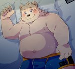 anthro bed belly big_belly blush bulge clothing detailed_background furniture humanoid_hands kemono lying male moobs pillow solo underwear green_bell bear mammal polar_bear ursine 2023 hi_res