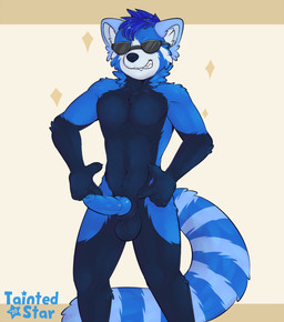 animal_genitalia animal_penis anthro balls biped blue_body blue_fur blue_penis canine_genitalia canine_penis erection eyewear eyewear_only fur genitals gesture grin hand_gesture male mismatched_animal_penis mismatched_genitalia mismatched_penis nude penis pointing simple_background smile solo sunglasses sunglasses_only taintedstar ailurid mammal red_panda hi_res