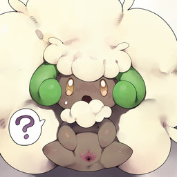 anus blush blush_lines brown_body clitoral_hood clitoris curved_horn female fluffy genitals green_eyes hair horn long_hair neck_tuft open_mouth question_mark simple_background solo speech_bubble spread_vulva spreading tuft vulva white_background young youjomodoki nintendo pokemon generation_5_pokemon pokemon_(species) whimsicott 1:1 absurd_res hi_res
