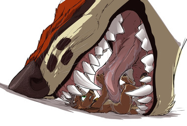 ambiguous_gender anthro biped bodily_fluids duo extreme_size_difference imminent_vore larger_ambiguous licking male mawplay micro micro_abuse saliva size_difference smaller_male teeth tongue tirrel tirrel_(tirrel) canid canine deer mammal