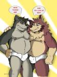 anthro briefs bulge clothing duo embarrassed fur male male/male nipples nude overweight simple_background smile tighty_whities underwear white_briefs white_clothing white_underwear apache_(artist) canid canine mammal 2020 3:4 absurd_res digital_media_(artwork) hi_res