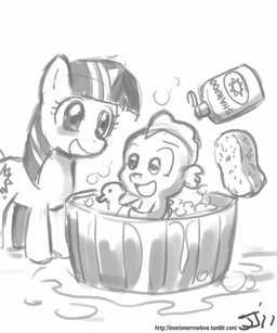 ambiguous_gender anthro bath bucket container cutie_mark duo female feral hair horn in_bucket in_container multicolored_hair quadruped rubber_duck shampoo spines sponge two_tone_hair water young young_ambiguous young_anthro john_joseco friendship_is_magic hasbro my_little_pony mythology spike_(mlp) twilight_sparkle_(mlp) dragon equid equine mammal mythological_creature mythological_equine mythological_scalie scalie unicorn monochrome adopted_(lore) male_(lore)