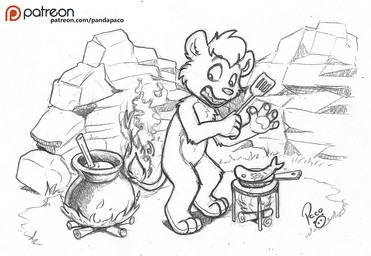anthro arm_tuft bared_teeth burning cauldron cheek_tuft chest_tuft cooking elbow_tuft facial_tuft fire hair logo male male_anthro nude outside rock short_hair shoulder_tuft solo standing teeth tuft young young_anthro young_male pandapaco felid lion mammal pantherine artist_logo signature spot_color