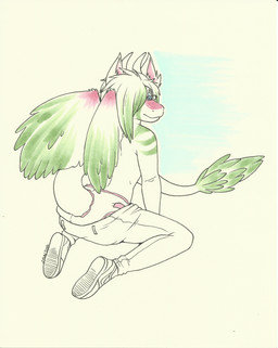 anthro biped bottomwear bottomwear_down clothed clothing diaper eyewear feathers footwear fur glasses hair horn looking_back male multicolored_body multicolored_feathers multicolored_fur multicolored_hair pants pants_down partially_clothed shoes simple_background sitting solo tail topless wearing_diaper white_background wings unknown_artist unknown_artist_signature mythology twixxel_minty angel_dragon dragon mythological_creature mythological_scalie scalie absurd_res hi_res signature source_request traditional_media_(artwork)