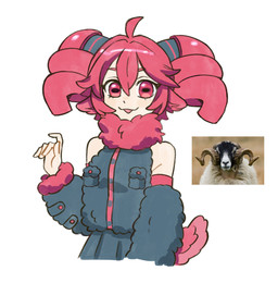 female feral hair horizontal_pupils horn neck_tuft pool_noodle pool_noodle_over_horn pupils real red_eyes red_hair scut_tail short_tail simple_background tail tuft white_background doodlelot utau kasane_teto animal_humanoid bovid bovid_humanoid caprine caprine_humanoid humanoid mammal mammal_humanoid sheep_humanoid 2026 hi_res reference_image