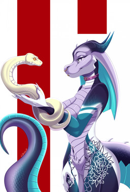 abstract_background ambiguous_gender anthro breasts claws coiling collar duo facial_piercing featureless_crotch female feral horn lip_piercing lip_ring long_tail nose_piercing nose_ring piercing ring_piercing smile standing tail blackbatwolf abby_saryn_(character) reptile scalie snake hi_res