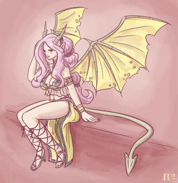 alternate_species bra breasts cleavage clothed clothing colored_nails female footwear hair high_heeled_sandals high_heels horn lingerie long_hair membrane_(anatomy) membranous_wings nails not_furry pink_hair pink_nails pointy_ears sandals shoes sitting solo tail tied_hair underwear wings yellow_clothing yellow_wings king-kakapo friendship_is_magic hasbro my_little_pony fluttershy_(mlp) bat_pony demon equid horned_humanoid humanoid mammal succubus tailed_humanoid winged_humanoid 2013 full-length_portrait portrait