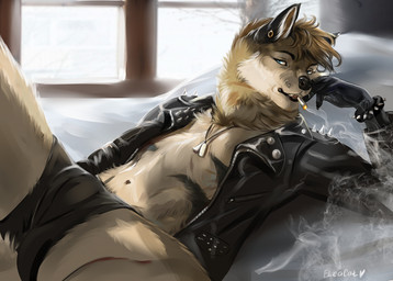 anthro bed bedroom_eyes bulge cigarette clothing furniture jacket jewelry leather leather_clothing leather_jacket leather_topwear male narrowed_eyes reclining seductive solo topwear eleacat rithan canid canine canis mammal wolf digital_media_(artwork) shaded