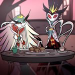 anthro beverage clothing duo eye_twitch female hand_holding hat headgear headwear husband_and_wife male married_couple red_eyes red_sclera tea vivzmind helluva_boss instagram stella_(helluva_boss) stolas_(helluva_boss) avian bird demon owl 1:1 official_art