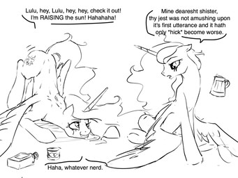 alcohol beverage dialogue drunk duo feathered_wings feathers female feral food horn substance_intoxication text wings silfoe friendship_is_magic hasbro my_little_pony mythology princess_celestia_(mlp) princess_luna_(mlp) equid equine mammal mythological_creature mythological_equine winged_unicorn 2015 4:3 english_text monochrome
