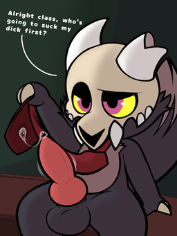 animal_genitalia animal_penis asymmetrical_horns balls bodily_fluids bone broken_horn canine_genitalia canine_penis claws collar cum erection fur genital_fluids genitals horn knot male necktie penis semi-anthro simple_background skull skull_head solo teeth yellow_sclera young ishitaka_uwu disney the_owl_house king_clawthorne demon titan_(the_owl_house) 3:4