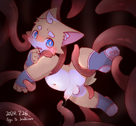anthro balls belly blue_eyes blush bodily_fluids clothing cum cum_string erection fingerless_gloves foreskin genital_fluids genitals gloves handwear kemono male pawpads penis shota slightly_chubby solo stirrup_footwear tentacle_around_chest tentacle_around_leg tentacle_suspension tentacles unretracted_foreskin young lang_yus brukki_gunar_(character) canid canine fox mammal hi_res signature