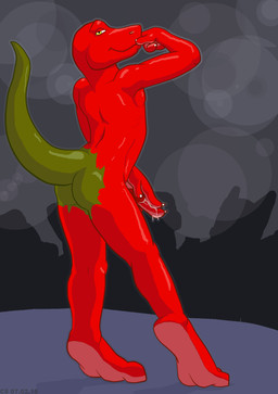 anthro bodily_fluids butt cum erection feet genital_fluids genitals humanoid_feet male nude penis plantigrade red_body soles solo standing_on_toes tail two_tone_feet yellow_eyes compfive lizard reptile scalie source_request
