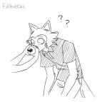 2019 anthro beastars bottomwear canid canine canis cheek_tuft clothed clothing disembodied_hand duo facial_tuft fullbottles fully_clothed legoshi_(beastars) male mammal meme monochrome pants question_mark shirt simple_background snoot_challenge topwear tuft white_background wolf