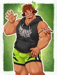 biceps bodypaint bottomwear brown_eyes brown_hair clothing face_paint hair horn male muscular muscular_male pecs shorts sleeveless_hoodie solo mystar_21 lifewonders tokyo_afterschool_summoners wakan_tanka_(tas) buffalo_humanoid humanoid hi_res