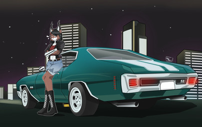 anthro black_hair boots bottomwear brown_body brown_fur building car city city_background cityscape clothed clothing female footwear fully_clothed fur hair heterochromia highlights_(coloring) jacket leaning_on_object night outside prosthetic prosthetic_arm prosthetic_limb shoes shorts solo standing tire topwear vehicle wheel adamartz chevelle chevrolet kiara_the_lynx felid feline lynx mammal hi_res