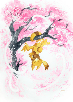 ambiguous_gender branch cherry_blossom dry eyes_closed flower outside plant prunus_(flower) solo tail tree yellow_body danfrombavaria nintendo pokemon abra generation_1_pokemon pokemon_(species) 2018 hi_res