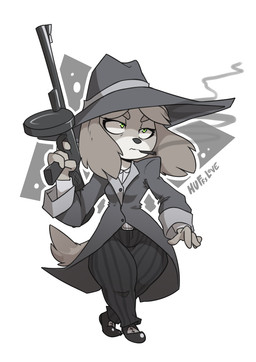 anthro cigarette clothing female floppy_ears footwear fur green_eyes gun hat headgear headwear holding_gun holding_object holding_ranged_weapon holding_weapon mafia ranged_weapon smoking solo submachine_gun thompson_gun weapon huffslove animal_crossing nintendo isabelle_(animal_crossing) canid canine canis domestic_dog mammal 2019 hi_res signature