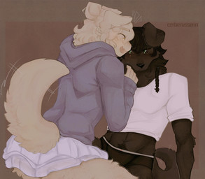 anthro black_body black_fur black_hair blonde_hair blush bodily_fluids body_hair bottomwear braided_hair clothing crop_top duo eye_scar facial_scar female female/female floppy_ears freckles fur green_eyes hair hair_bun happy happy_trail hoodie long_hair pubes romantic romantic_couple scar shirt skirt sweat tail tail_motion tailwag topwear underwear yellow_body yellow_eyes yellow_fur cerberussenn percy_writhemann_(cerberussenn) riun_airaz_(cerberussenn) bird_dog canid canine canis domestic_dog golden_retriever hunting_dog labrador mammal retriever absurd_res hi_res signature