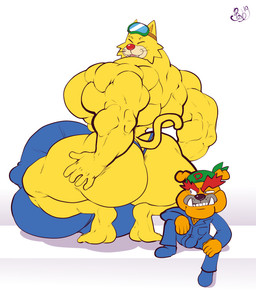 anthro big_muscles big_penis butt crouching duo fur genitals huge_muscles huge_penis hyper hyper_genitalia hyper_muscles hyper_penis male male/male muscular muscular_male orange_body orange_fur paws penis size_difference yellow_body yellow_fur bobthetanuki nintendo warioware dribble_(warioware) spitz_(warioware) bulldog canid canine canis domestic_cat domestic_dog felid feline felis mammal mastiff molosser digital_drawing_(artwork) digital_media_(artwork) hi_res signature
